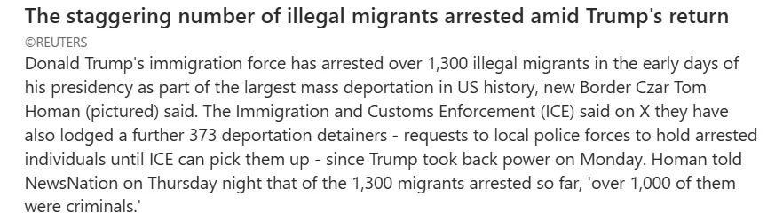 A screenshot of a Reuters news article with a headline reading 'The staggering number of illegal migrants arrested amid…