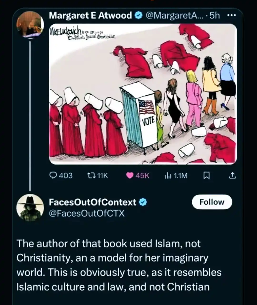 A cartoon depicts women in red robes and white head coverings, resembling characters from 'The Handmaid's Tale,' standing in…