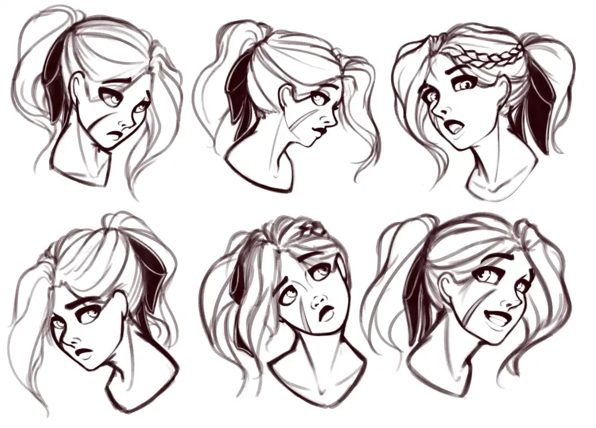 A black-and-white sketch shows six different expressive faces of a woman with ponytails or braids, ranging from sad and…