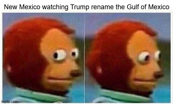 The image displays two side-by-side panels of a blurry, red-haired monkey puppet with a blank, unimpressed facial…