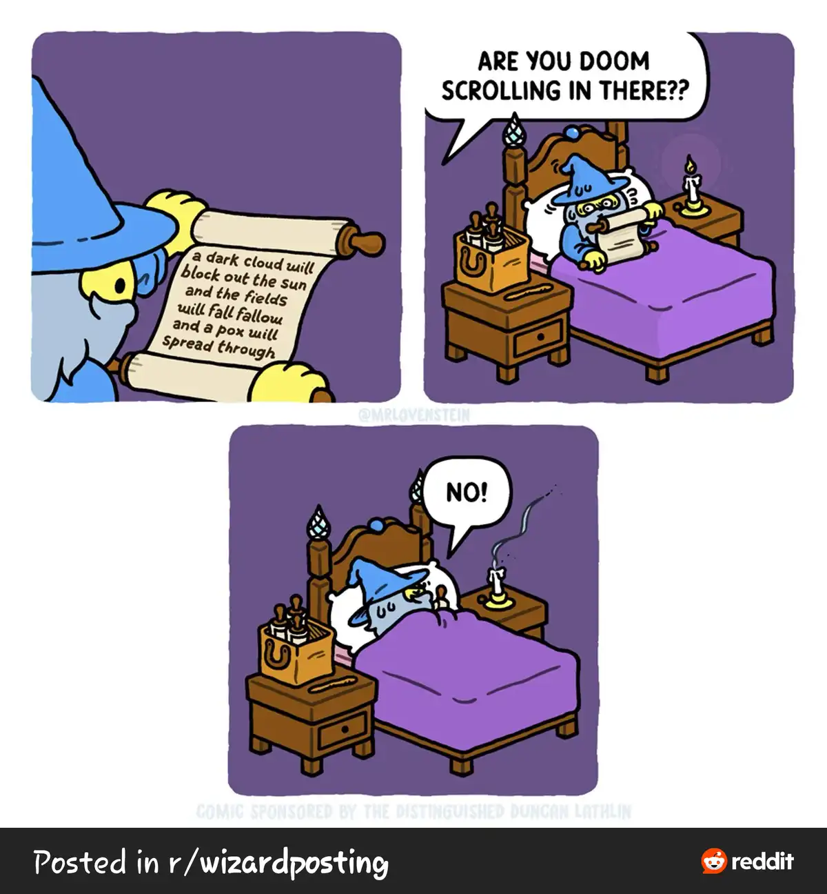A three-panel comic shows a wizard reading a doom-scrolling prophecy scroll. In the first panel, the wizard reads a scroll…
