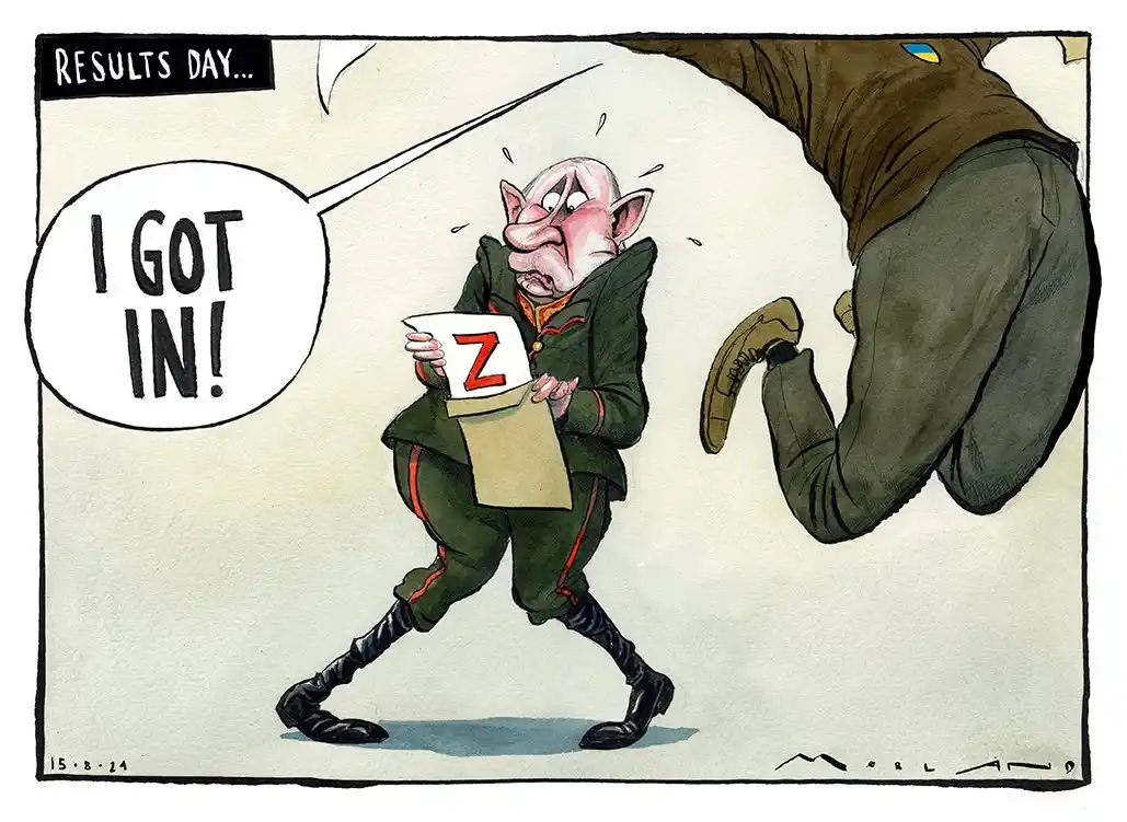 A cartoon depicts a pig-like man in a green military uniform holding a paper with a red 'Z' on it, exclaiming 'I GOT IN!'…