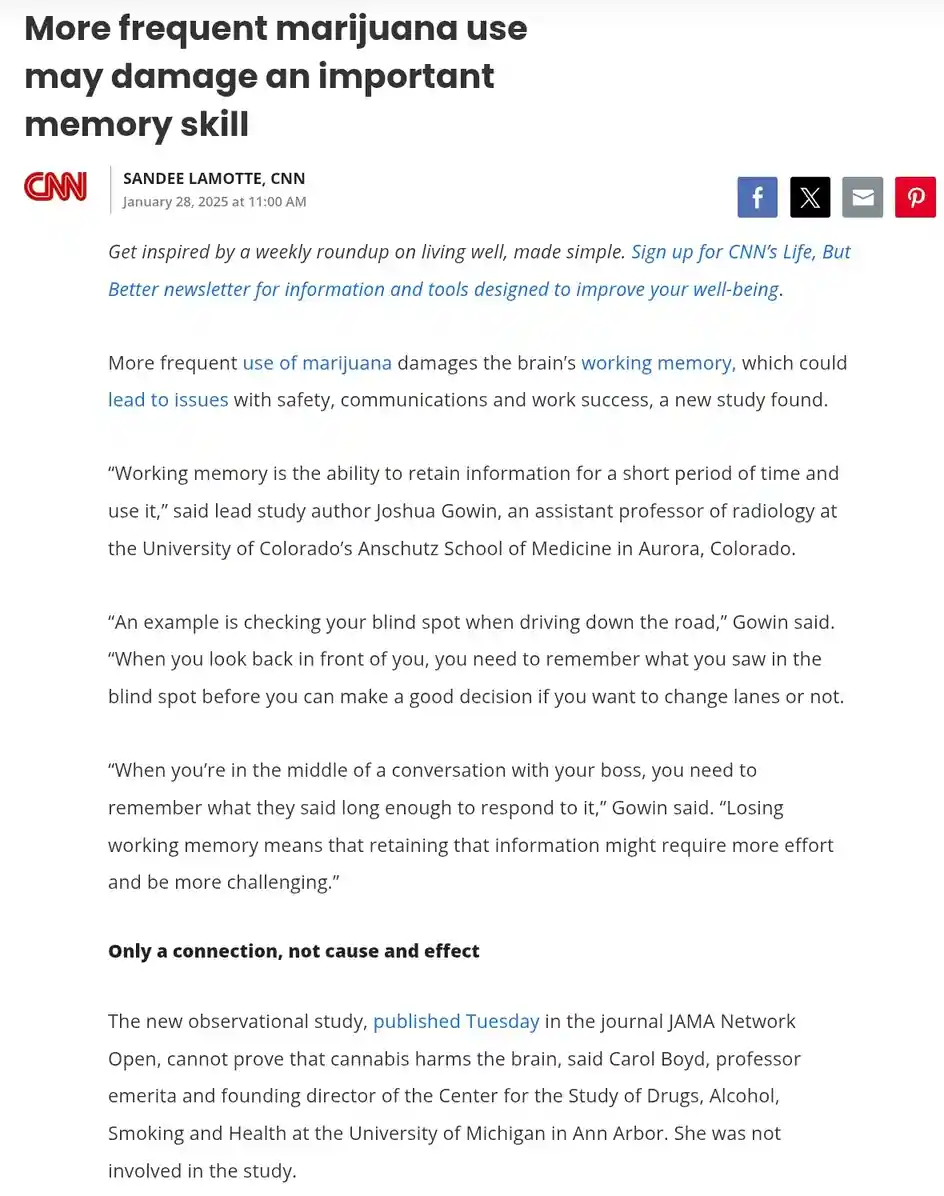 A screenshot of a CNN article dated January 28, 2025, by Sandee Lamotte, with the headline 'More frequent marijuana use may…