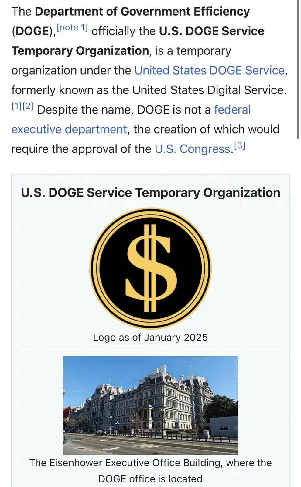 The image displays a Wikipedia-style article snippet about the fictional 'Department of Government Efficiency (DOGE)'. It…