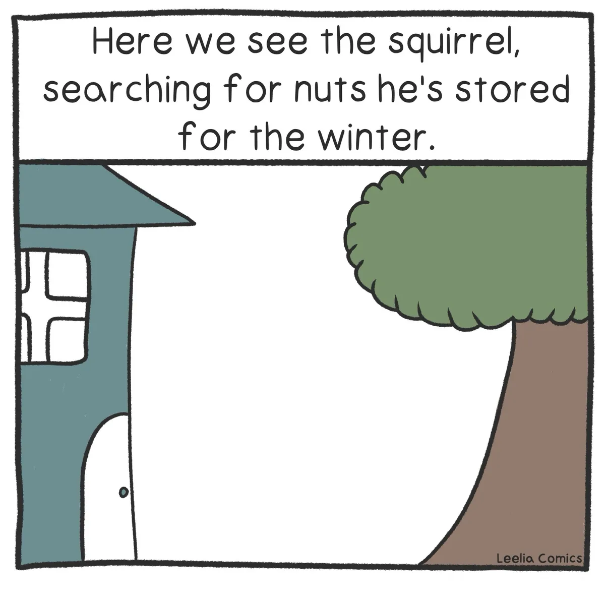 A minimalist cartoon depicts a teal house with a white door and window on the left, and a brown-trunked tree with a green…