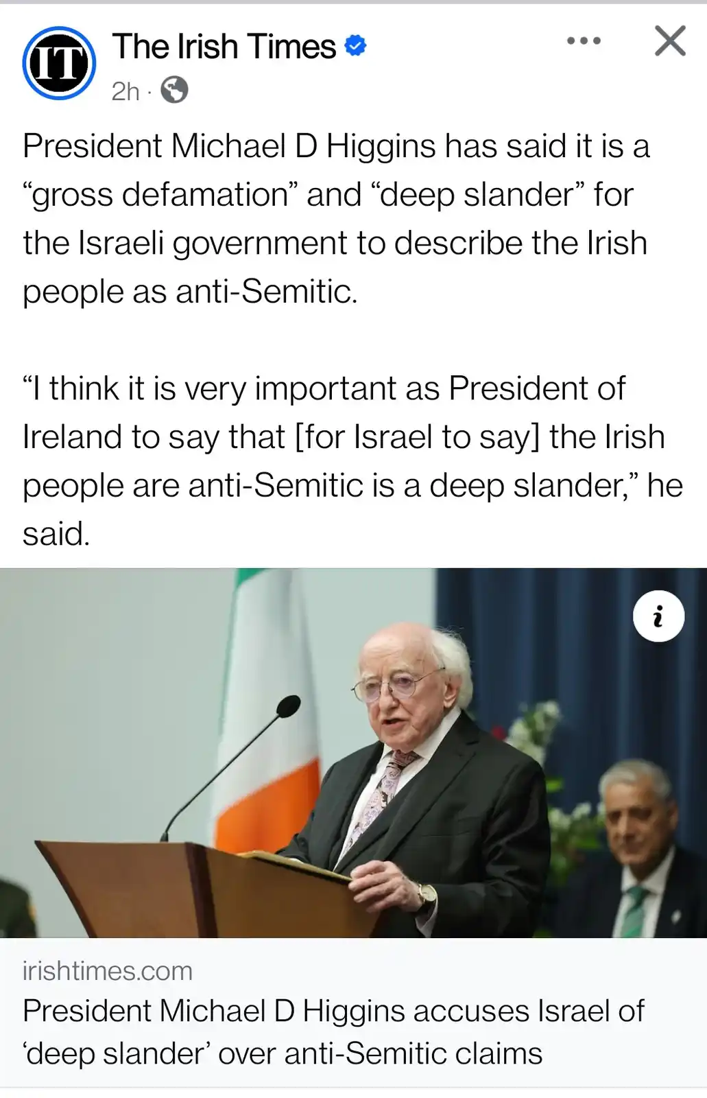 A screenshot of a The Irish Times article featuring a photo of Irish President Michael D Higgins speaking at a podium with…