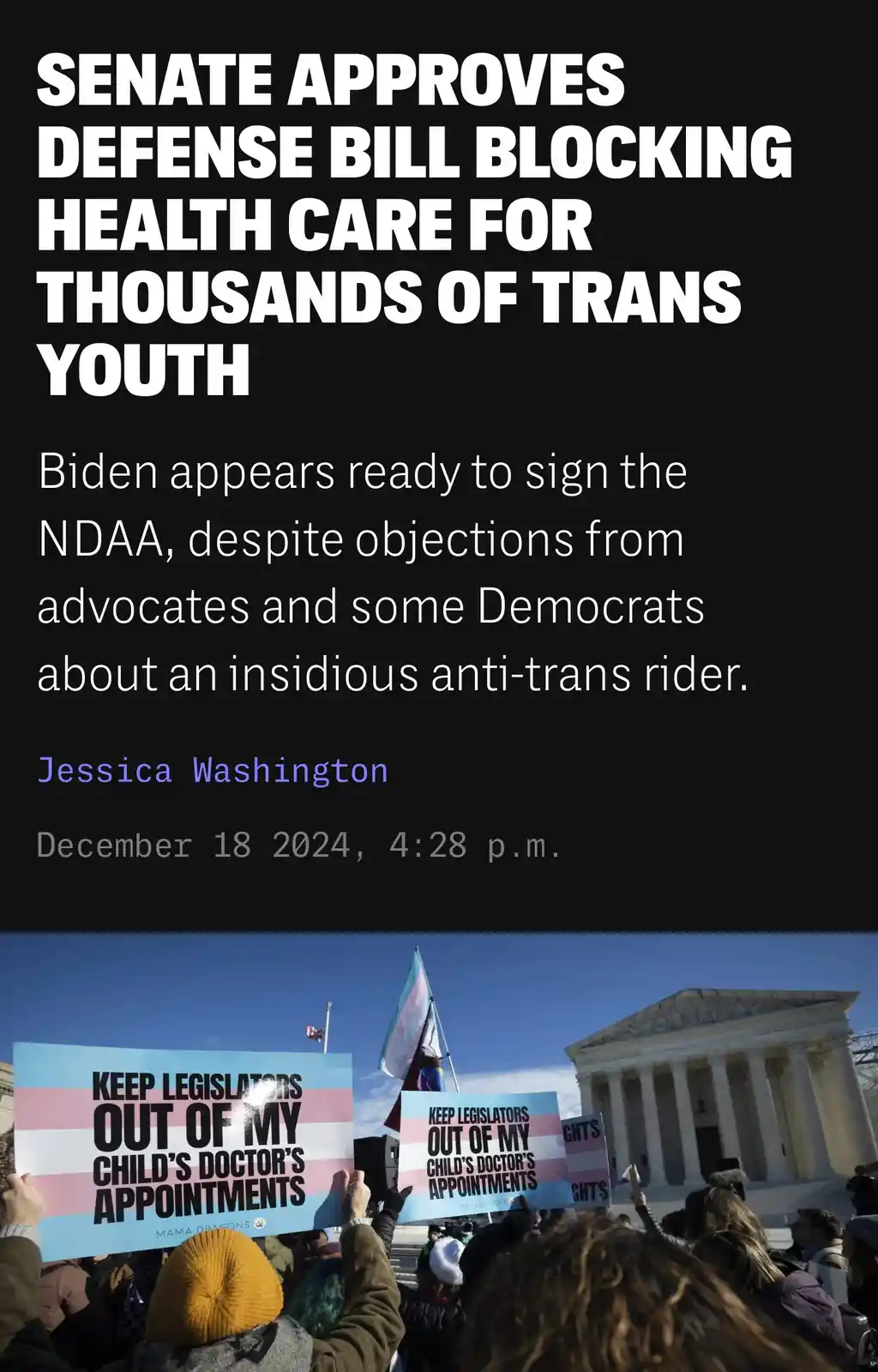 The image displays a news article headline claiming the Senate approved a defense bill blocking healthcare for trans youth…