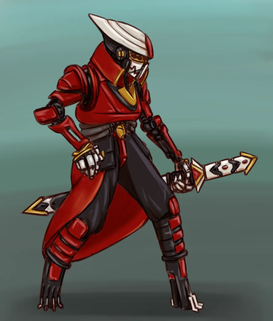 A stylized digital illustration of a red and black armored ninja-like warrior in a dynamic combat stance, holding a sword…