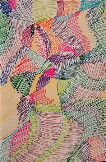 A colorful, abstract drawing filled with overlapping, swirling shapes outlined in various bright colors like pink, green…
