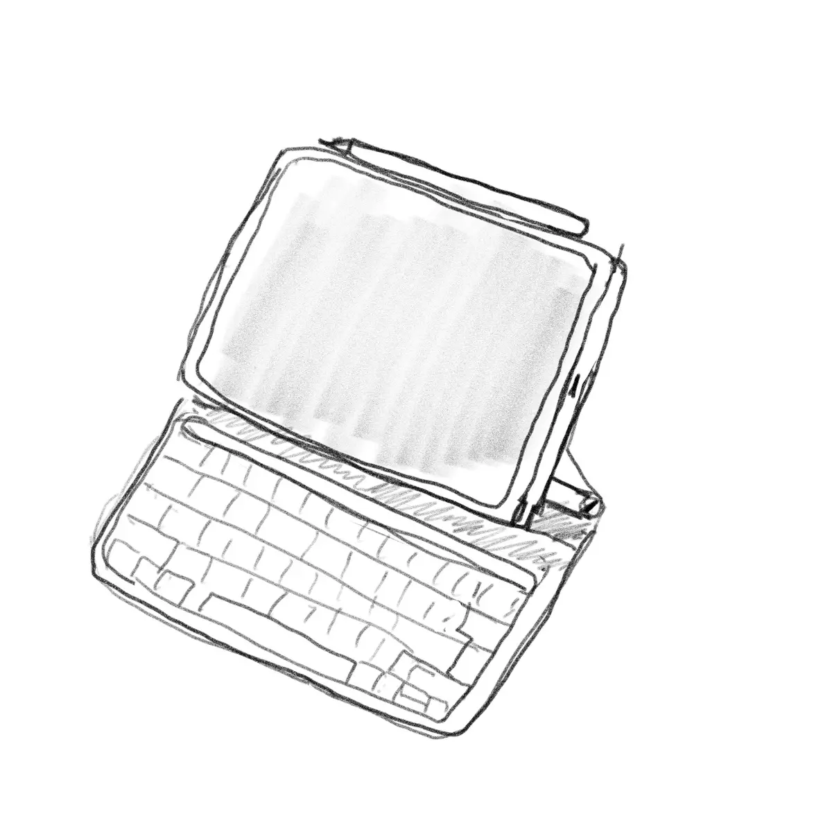 A simple black-and-white sketch depicts a laptop computer with an open screen and visible keyboard, drawn with loose…