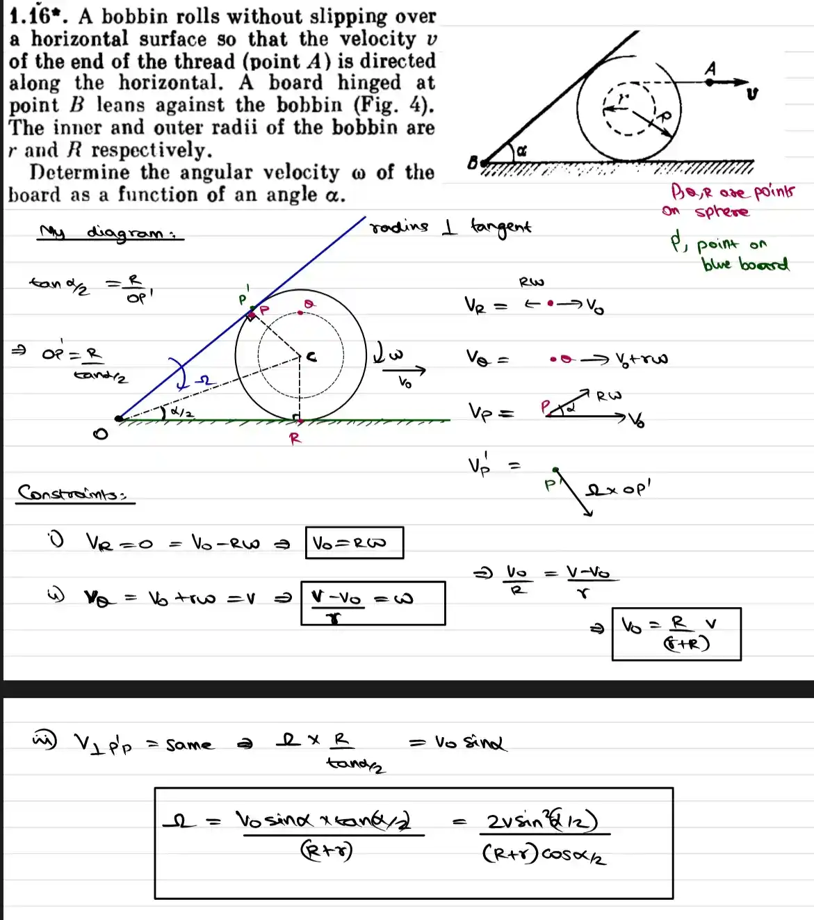 A handwritten physics problem solution showing a bobbin rolling without slipping with a board leaning against it, overlaid…