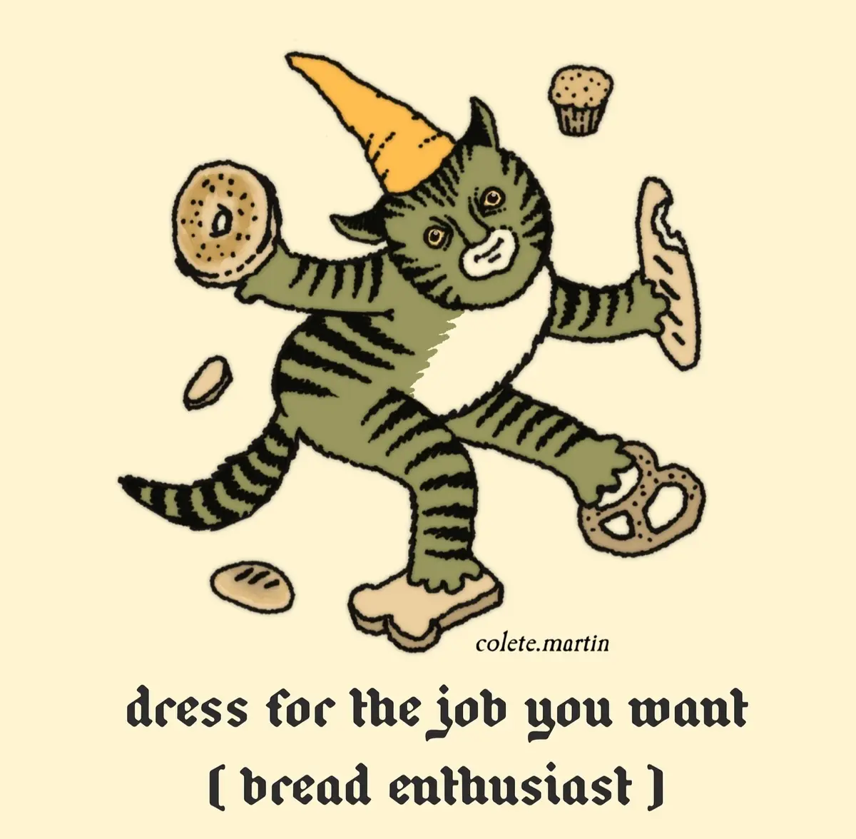 A cartoon green tabby cat wearing a yellow party hat and holding various bread items like bagels, pretzels, and a muffin…