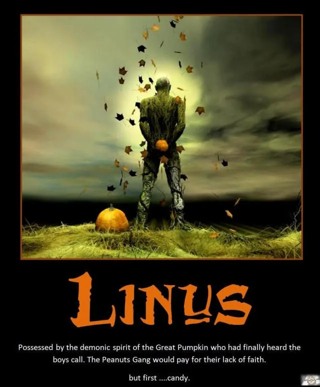 A dark, atmospheric image shows a humanoid figure made of tree bark and moss, standing on a grassy hill with a pumpkin at…