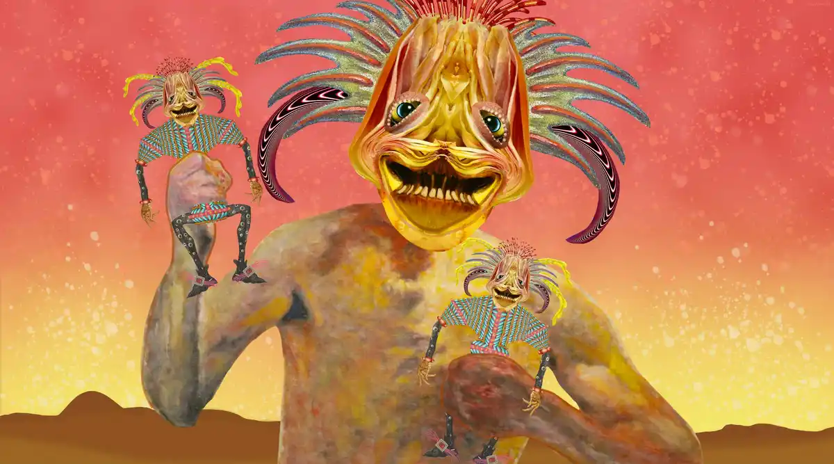 A surreal digital artwork depicts a large, muscular humanoid figure with a grotesque, fish-like head featuring large eyes…