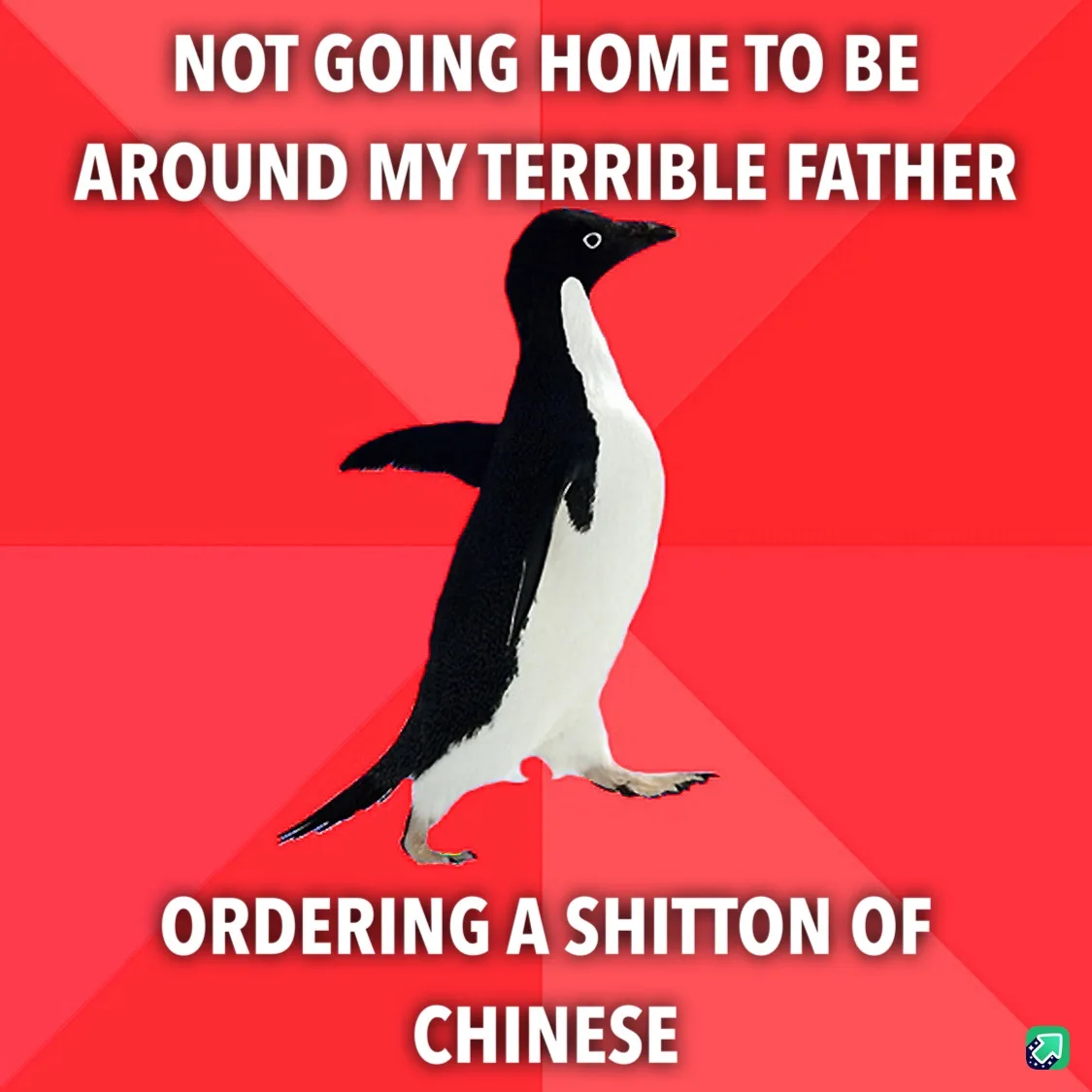 A black-and-white penguin stands against a red background with diagonal stripes. White text at the top reads 'NOT GOING HOME…