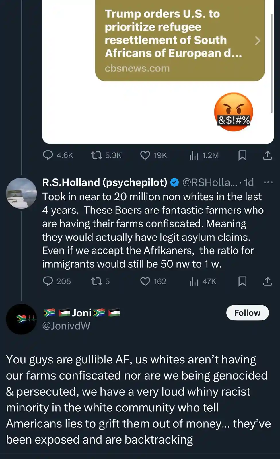A screenshot of a Twitter thread shows a user claiming Trump ordered the U.S. to prioritize South African refugees, with an…