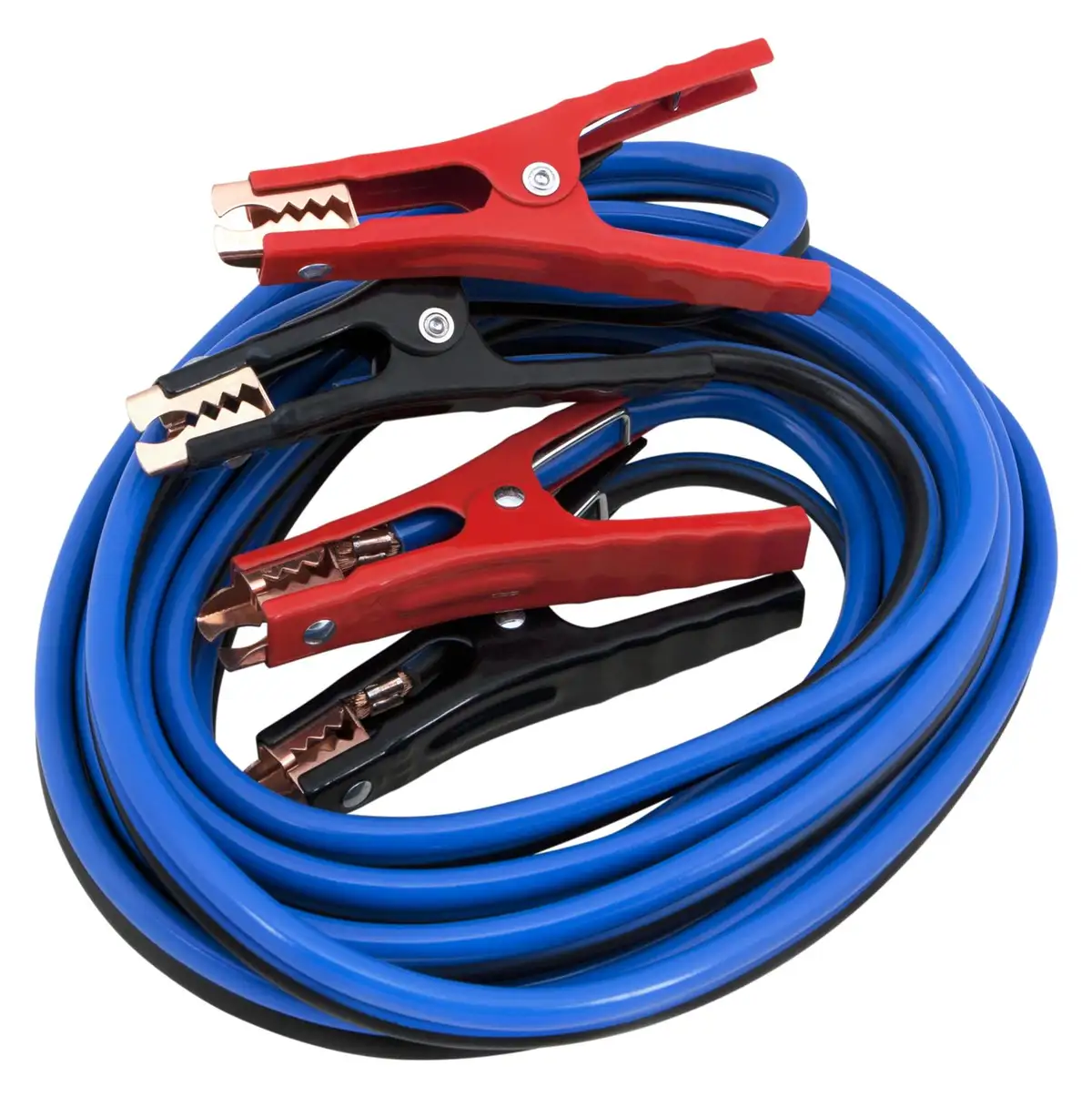 A coiled set of blue and black jumper cables with red and black alligator clips against a white background. The overlaid…