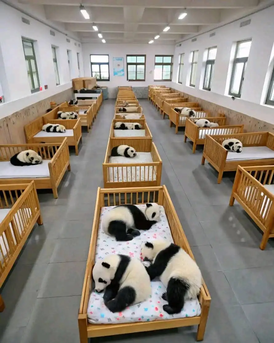 Rows of wooden cribs line a long, brightly lit room, each holding a sleeping giant panda. The pandas are curled up or lying…