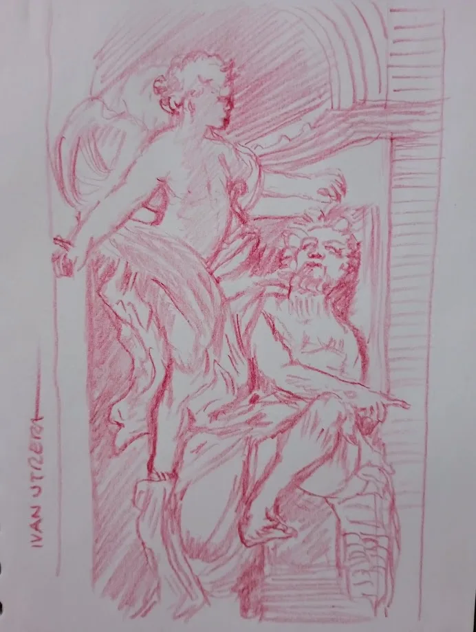 A red pencil sketch depicts a classical-style statue of a woman standing over a seated bearded man, both rendered in flowing…