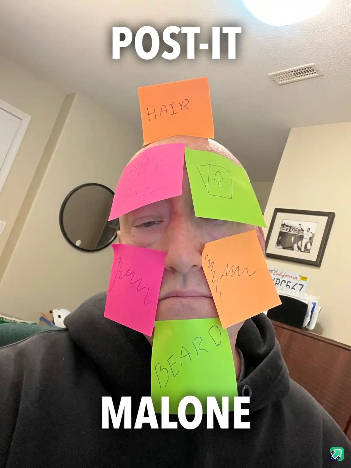 A man with a bald head has multiple colorful Post-it notes stuck to his face covering his eyes, mouth, and forehead. The…