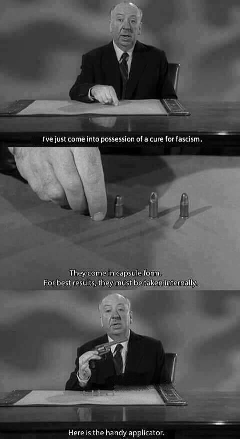 A black-and-white three-panel image from a classic film shows a man in a suit at a desk. In the first panel, he announces he…
