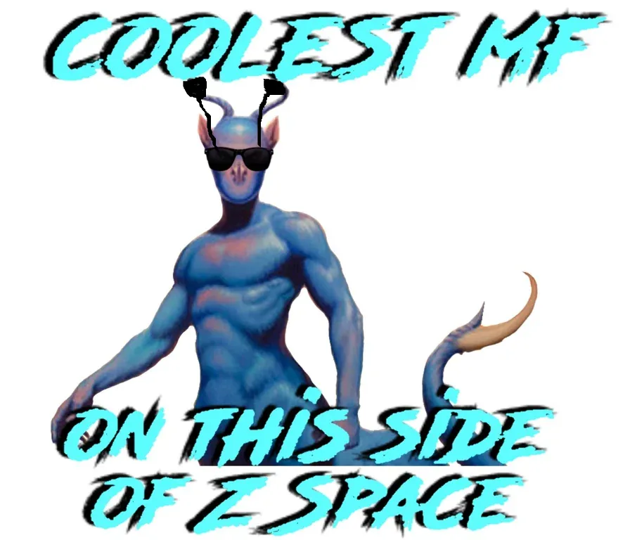 A blue-skinned, muscular alien with horns, sunglasses, and a tail stands confidently. The text above reads 'COOLEST MF' and…
