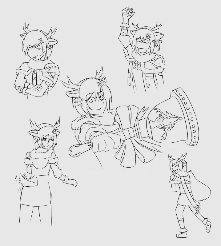 A black-and-white line art sketch shows five different poses of an anime-style character with deer-like antlers and a star…