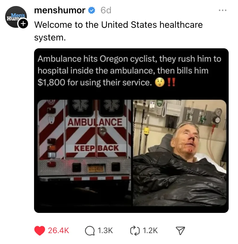 The image is a split-screen showing the back of an ambulance with 'AMBULANCE KEEP BACK' written on it, and a man with…