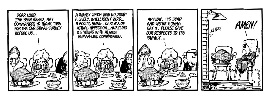 A four-panel comic strip shows a family at a Thanksgiving dinner, praying over a turkey. The prayer begins with gratitude…