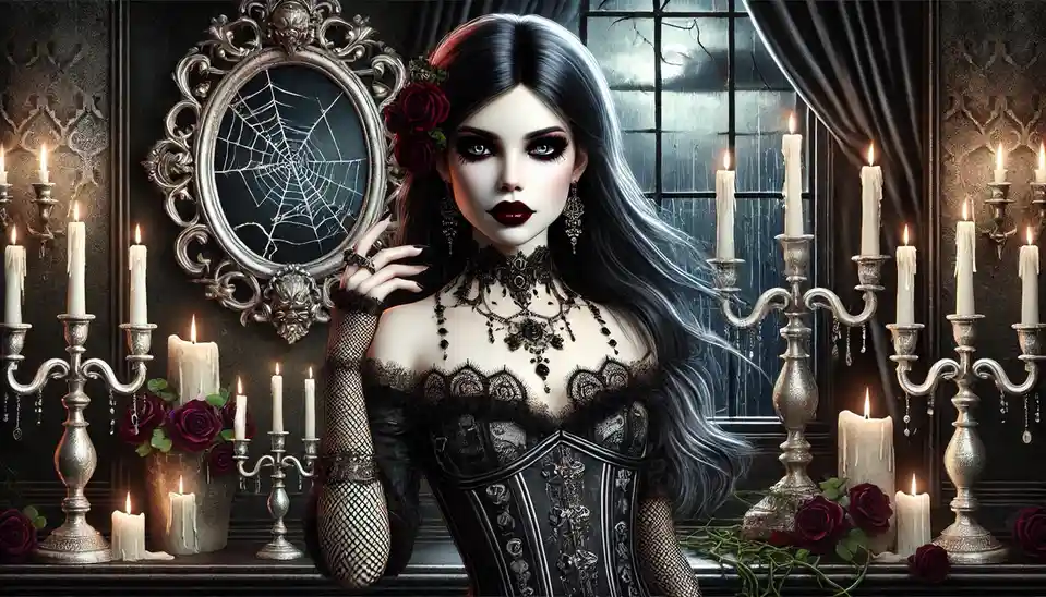 A digitally rendered gothic woman with long black hair, dark makeup, and a black lace corset stands in a dimly lit room…