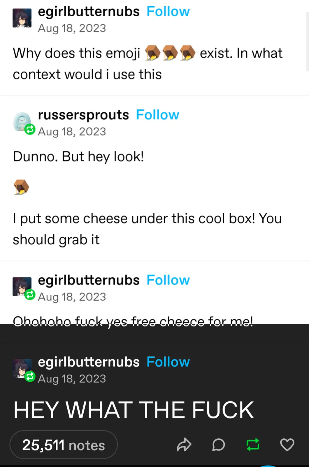 A screenshot of a social media thread where a user questions the purpose of the cheese emoji, another user replies with an…