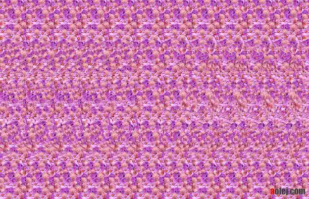 The image displays a dense, repeating pattern of small purple and pink flowers with yellow centers, arranged in a grid-like…