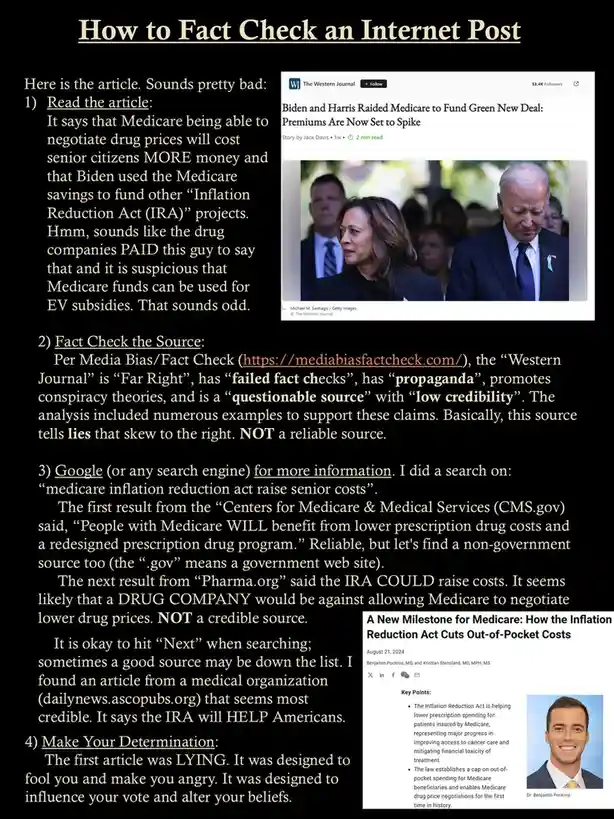 A guide titled 'How to Fact Check an Internet Post' outlines steps to verify a news article claiming Biden and Harris raided…