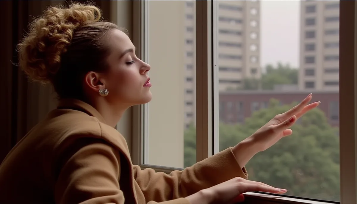 a woman with curly blonde hair in a bun, wearing a tan coat and earrings, sits by a window with her eyes closed and hand…