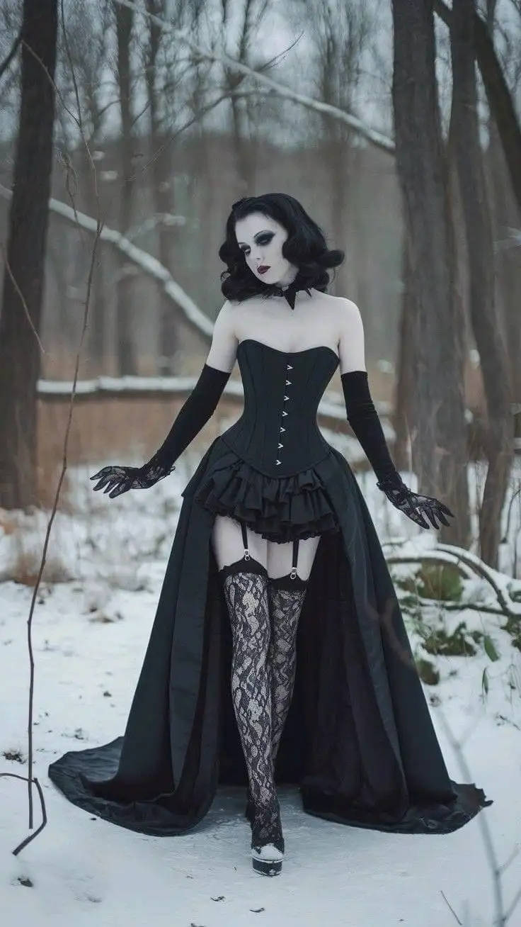 A woman in a black gothic outfit with a corset, ruffled skirt, lace stockings, and a long cape stands in a snowy forest. She…