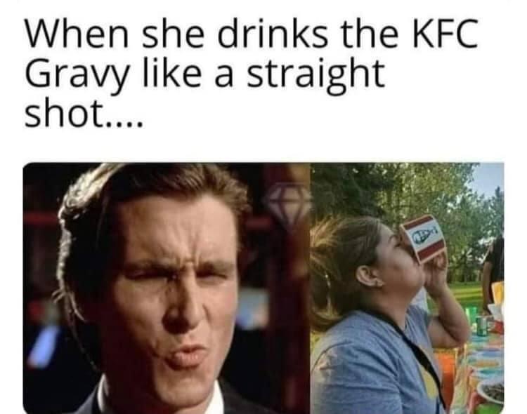 The image is split: on the left, a man with a disgusted, wrinkled face; on the right, a woman outdoors drinking from a KFC…