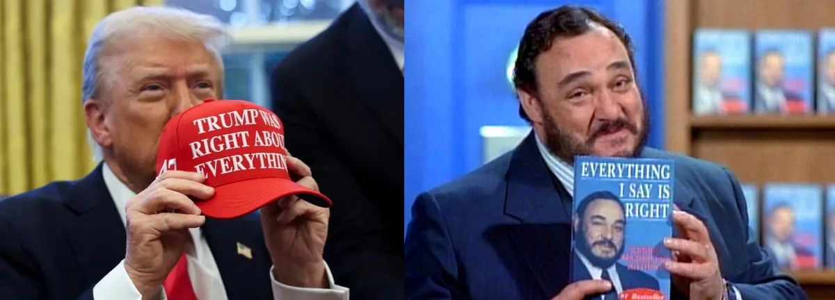 A split image shows Donald Trump holding a red cap with the text 'TRUMP WAS RIGHT ABOUT EVERYTHING' and on the right, a man…