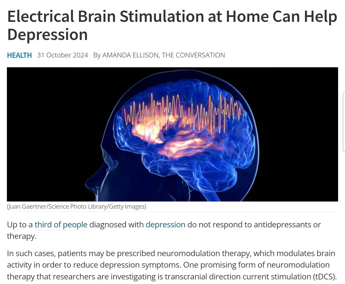 A news article screenshot shows a blue, translucent human head with a glowing brain and orange electrical wave patterns…