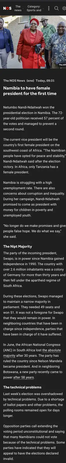 A screenshot of a NOS News article about Netumbo Nandi-Ndaitwah becoming Namibia's first female president. The image shows…
