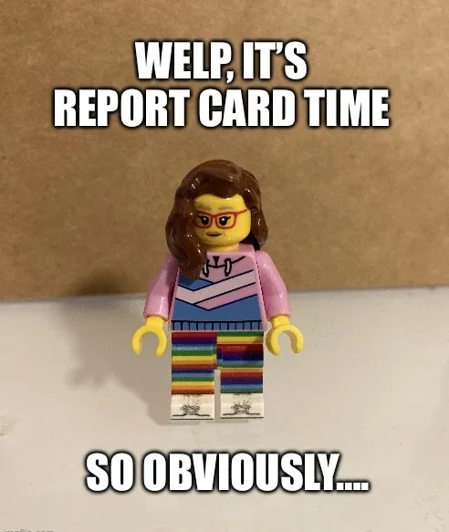 A lego minifigure with brown hair, glasses, and a striped outfit stands against a plain background. White bold text at the…