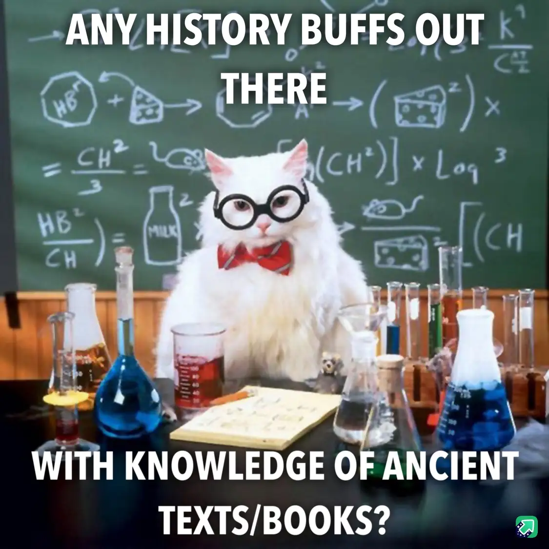 A white cat wearing round black glasses and a red bowtie sits at a cluttered lab desk surrounded by beakers and flasks…