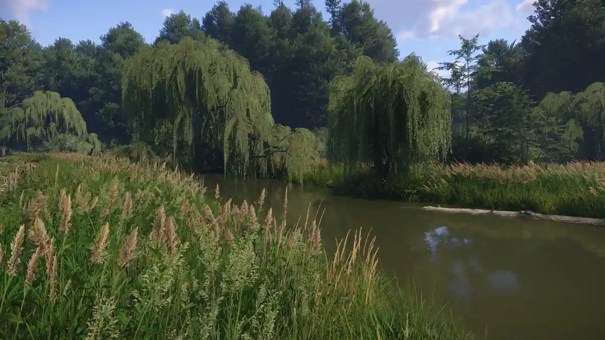 A serene, computer-generated image of a calm river surrounded by lush green willow trees and tall grasses under a partly…