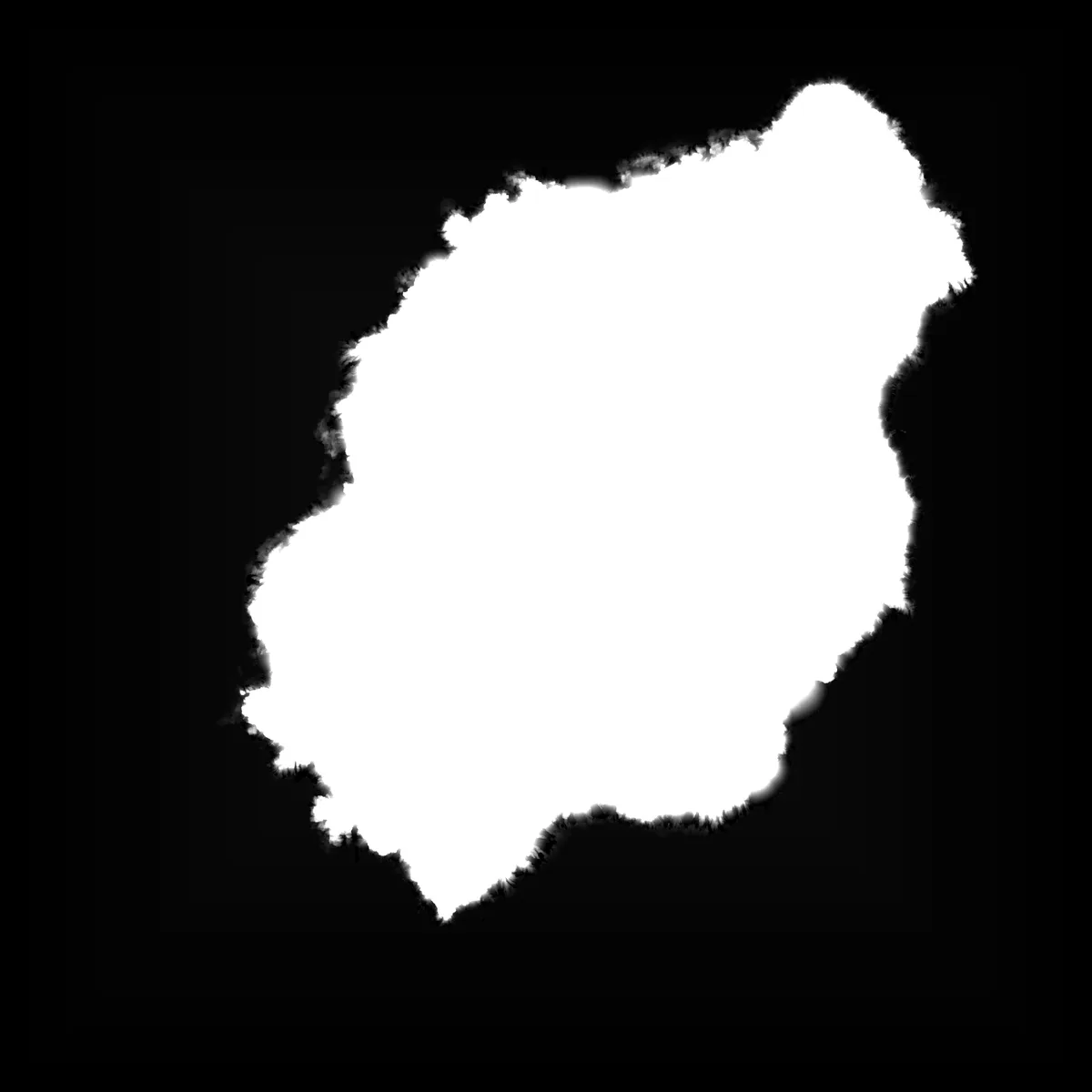 A stark black-and-white image features a roughly circular, bright white shape with a jagged, torn-paper-like edge against a…