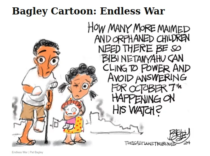 A political cartoon by Pat Bagley shows a maimed man with a cane and a young girl holding a doll, both looking distressed…