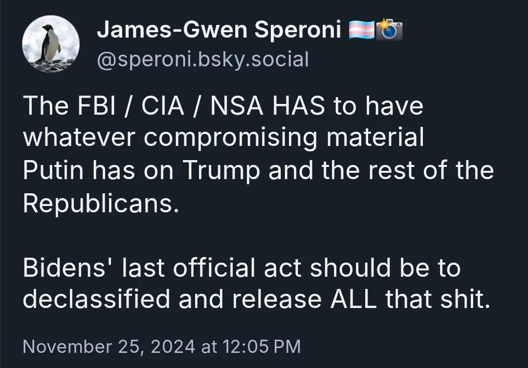 A screenshot of a social media post by James-Gwen Speroni, featuring white text on a dark background. The post claims the…