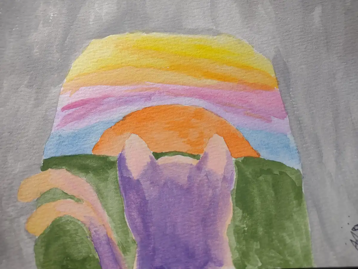 A watercolor painting depicts a stylized, abstract landscape with layered horizontal bands of yellow, orange, pink, and blue…