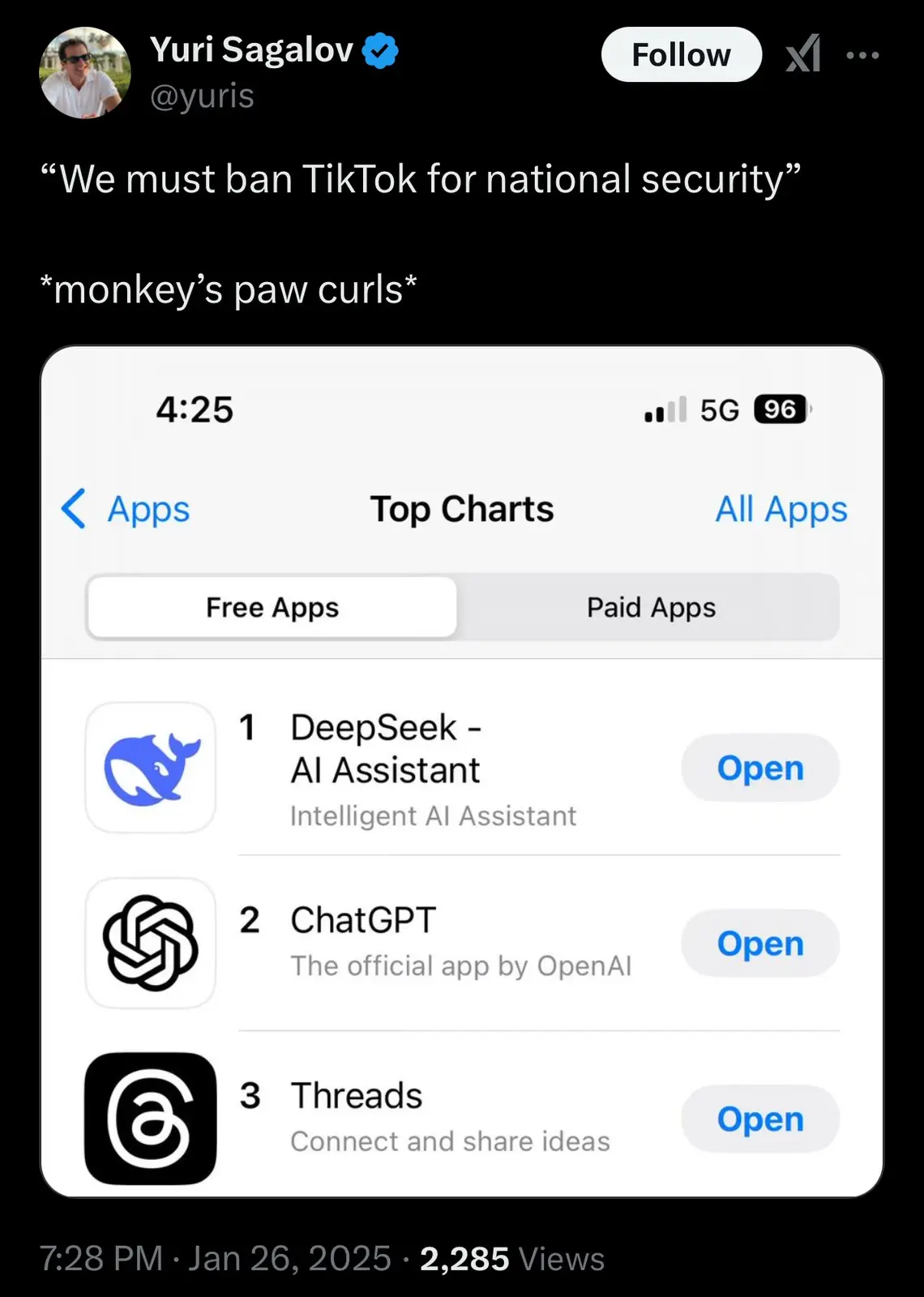 A screenshot of an iPhone App Store 'Top Charts' page showing DeepSeek AI Assistant, ChatGPT, and Threads as the top three…