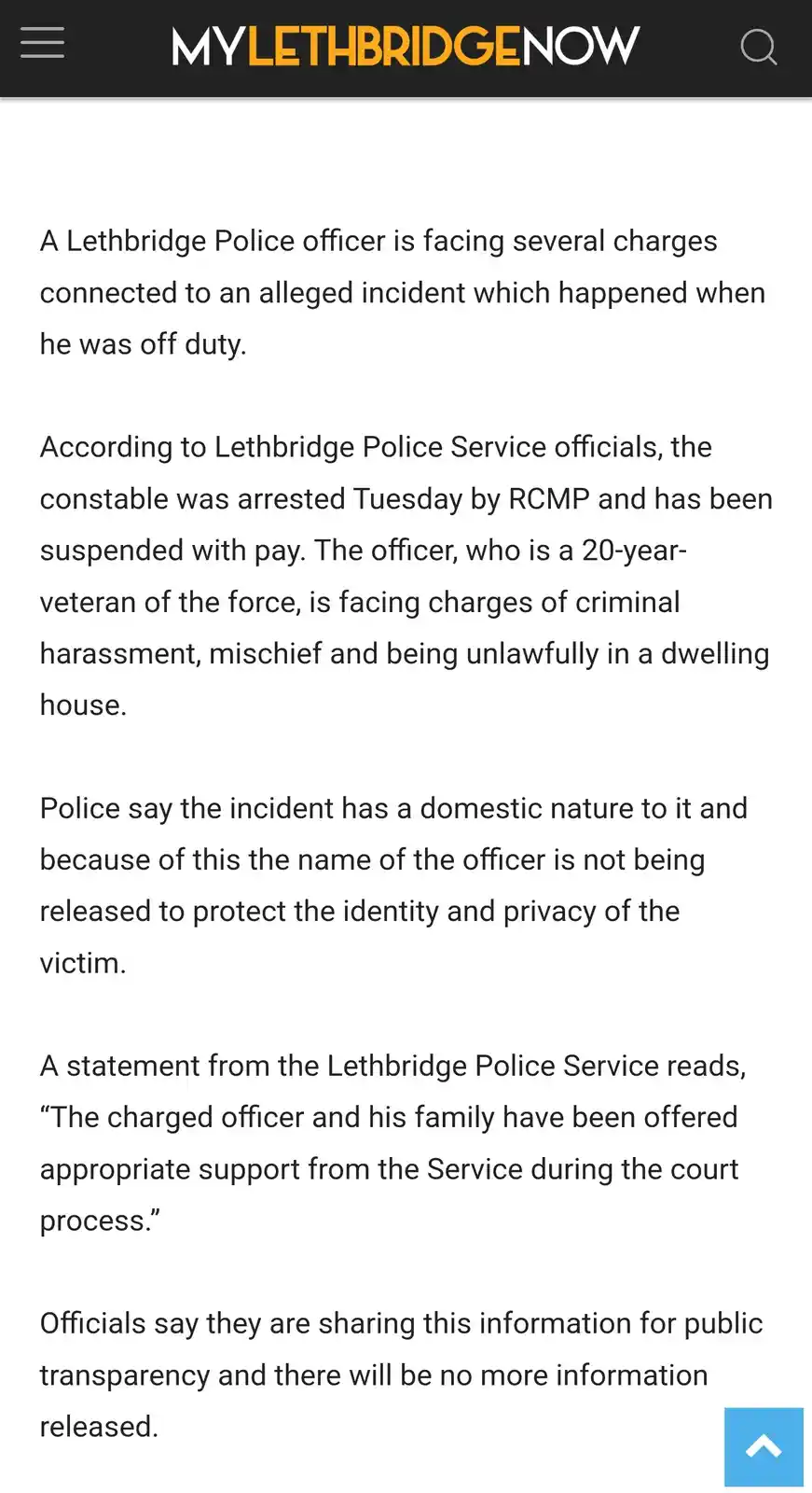 The image displays a screenshot of a news article from 'MYLETHBRIDGE NOW' detailing that a Lethbridge Police officer, a…