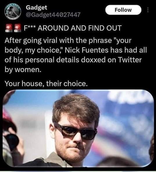 A screenshot of a Twitter post by user 'Gadget' shows a photo of Nick Fuentes wearing sunglasses and looking serious. The…