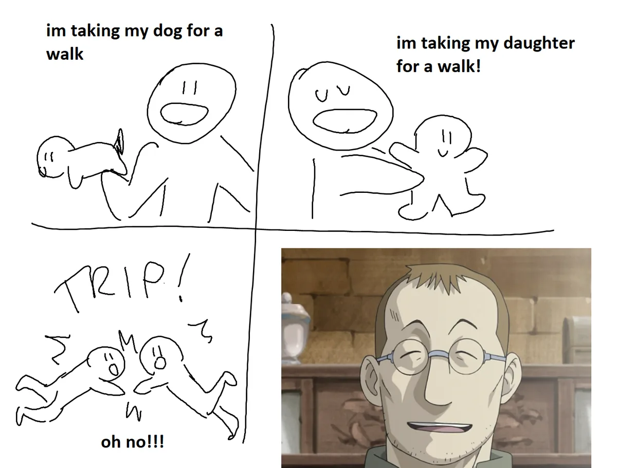 The meme is a four-panel comic. Top left: a stick figure holds a dog, text says 'im taking my dog for a walk'. Top right…